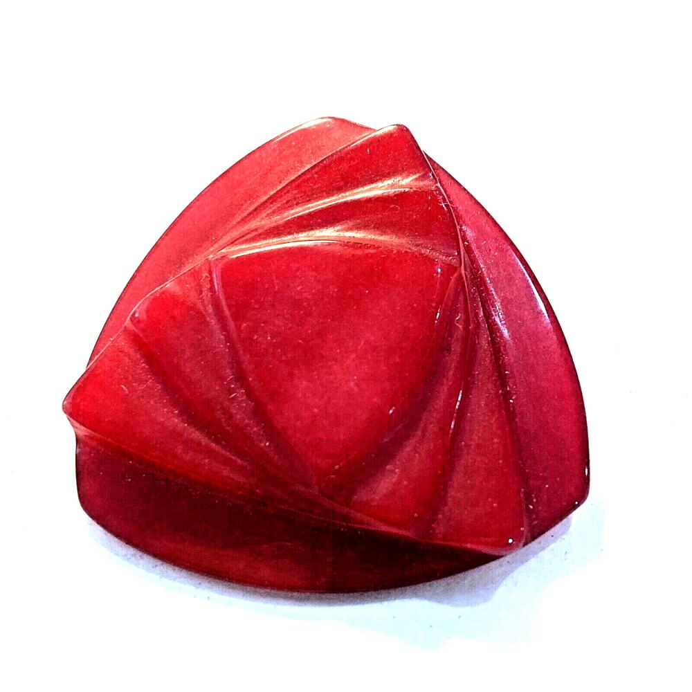 Unique Vintage Brooch Art Deco Style Carved Red Stone Dimensional Geometric Pin